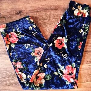 Monteau Blue Floral Print Velvet Jogger Pants